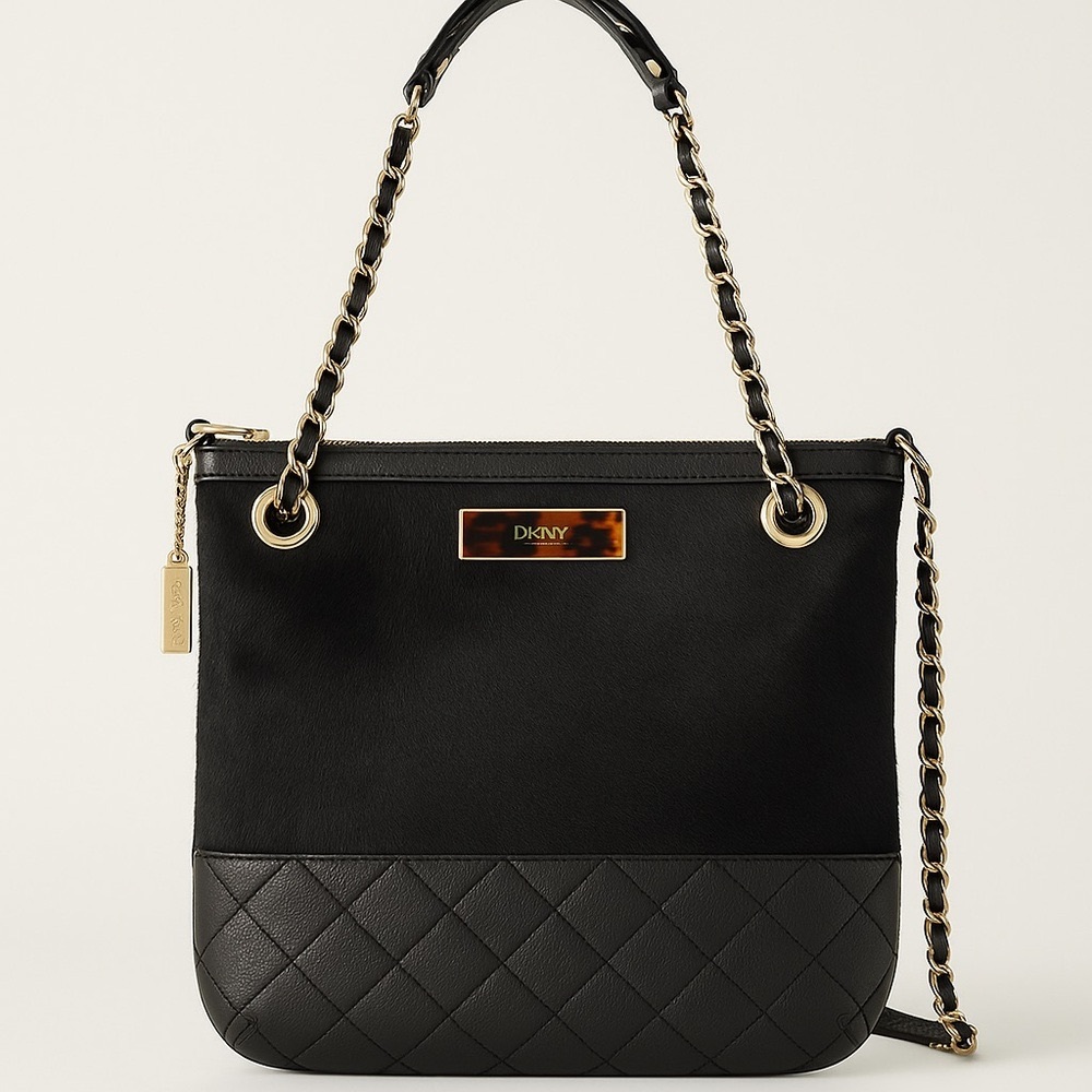 🖤 DKNY Black Quilted Convertible Bag – Faux Fur + Chain Detail❤️❤️❤️💋